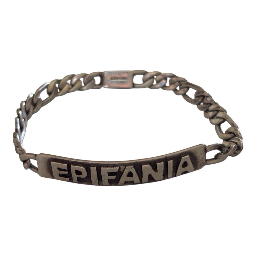 MEXICO 925 Sterling Silver Figaro Link Name Epifania ID Bracelet 14g Heavy